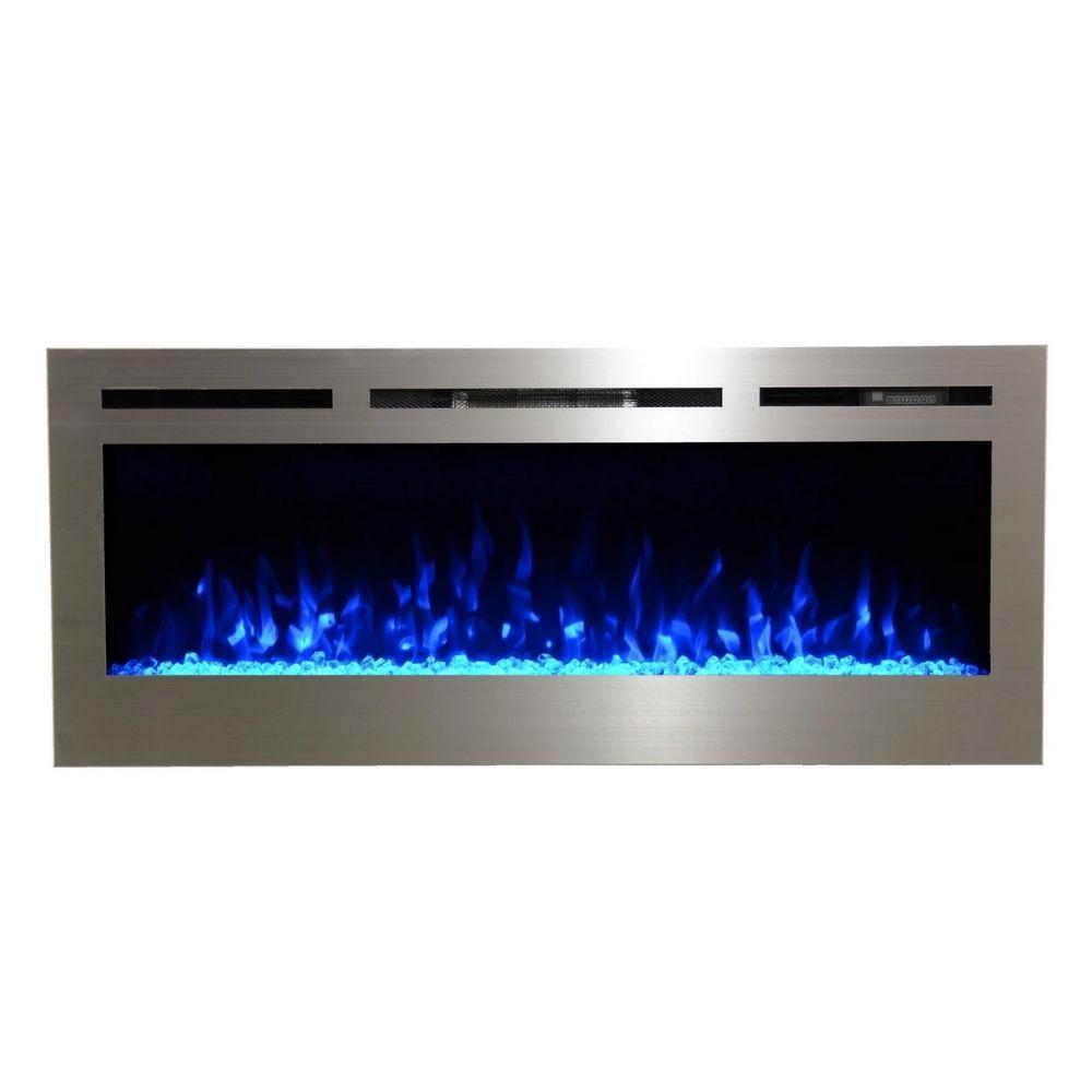 Recessed Electric Fireplace with Crystals and Blue Flame