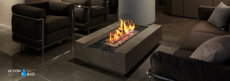 EcoSmart Cosmo Fire Pit Table in a classy, modern living area 