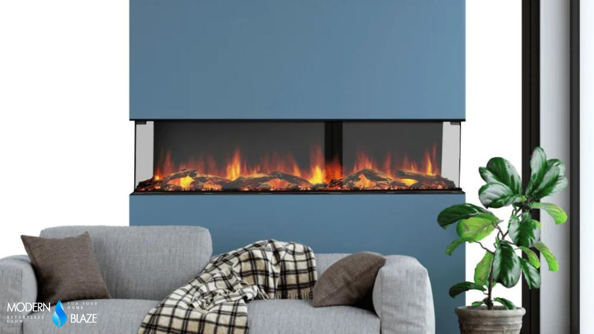 Blog Banner Image featuring a 3-sided electric fireplace in a living room