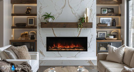 Electric fireplace in a rustic, modern living room with wooden shelves on the sides of a white marble accent wall