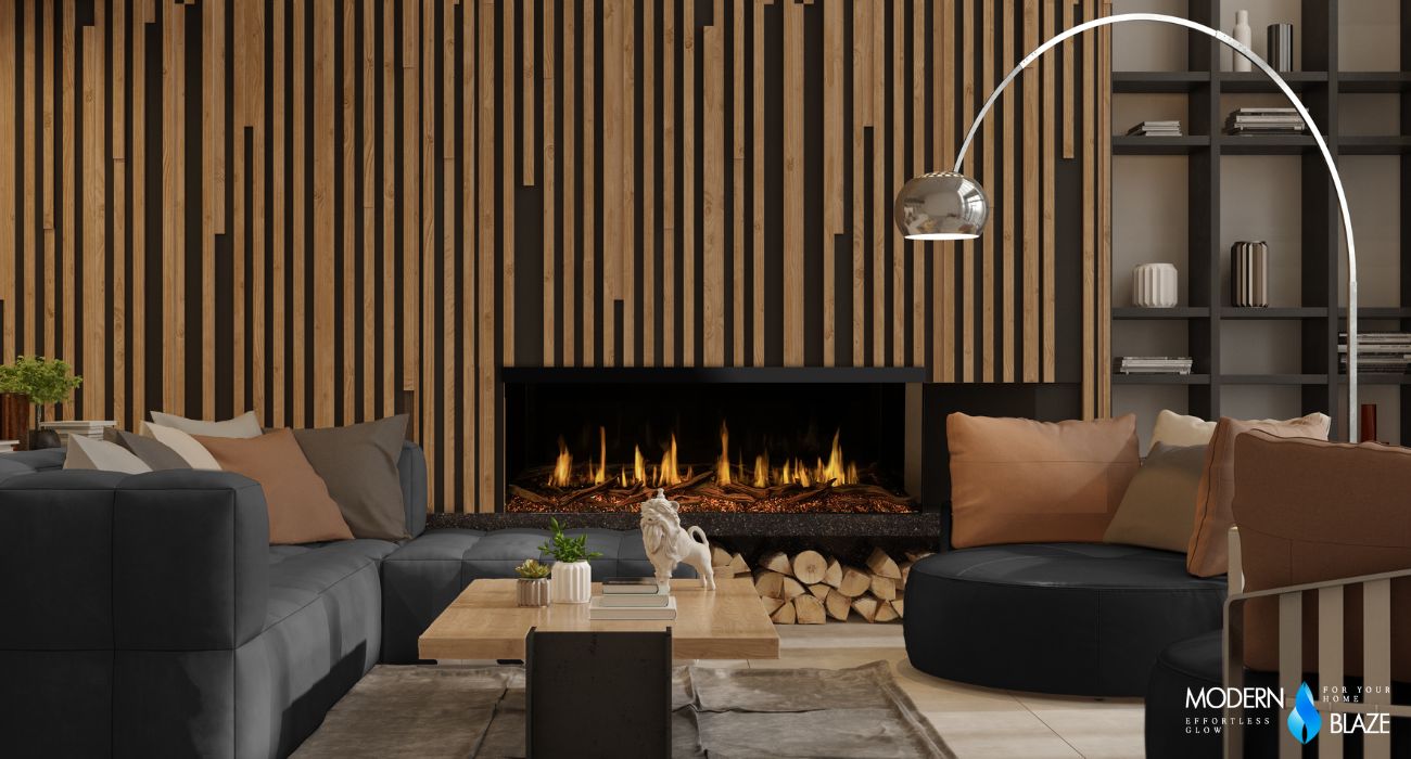 Modern Flames Orion Multi 3-Sided Built-In/Wall-Mounted Electric Fireplace in a Stylish Living Room