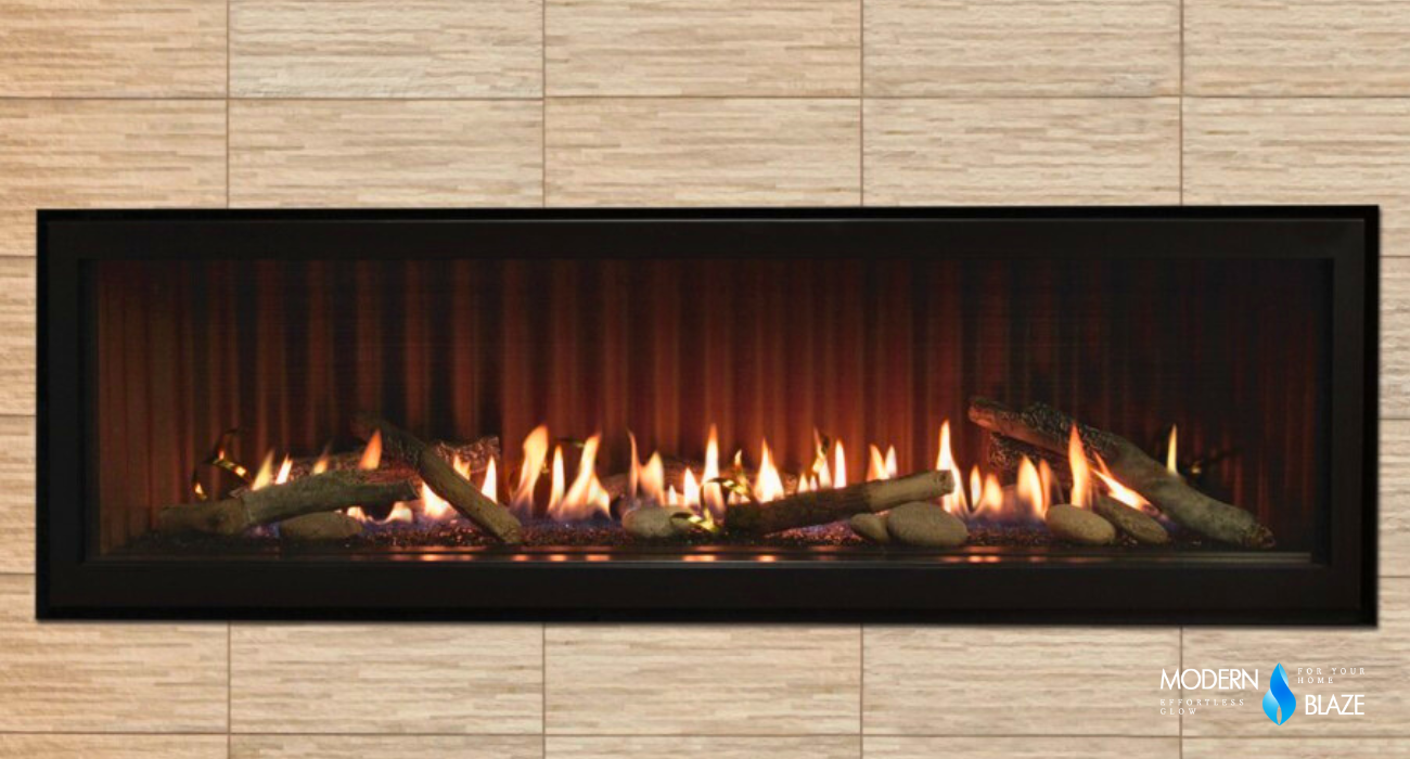 High-efficiency linear direct vent gas fireplace with a sealed glass front, recessed into a modern wall for chimney-free installation.