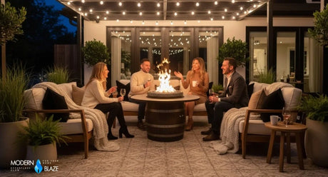 Group of friends gathered around a lit wine barrel gas fire pit table on an evening patio