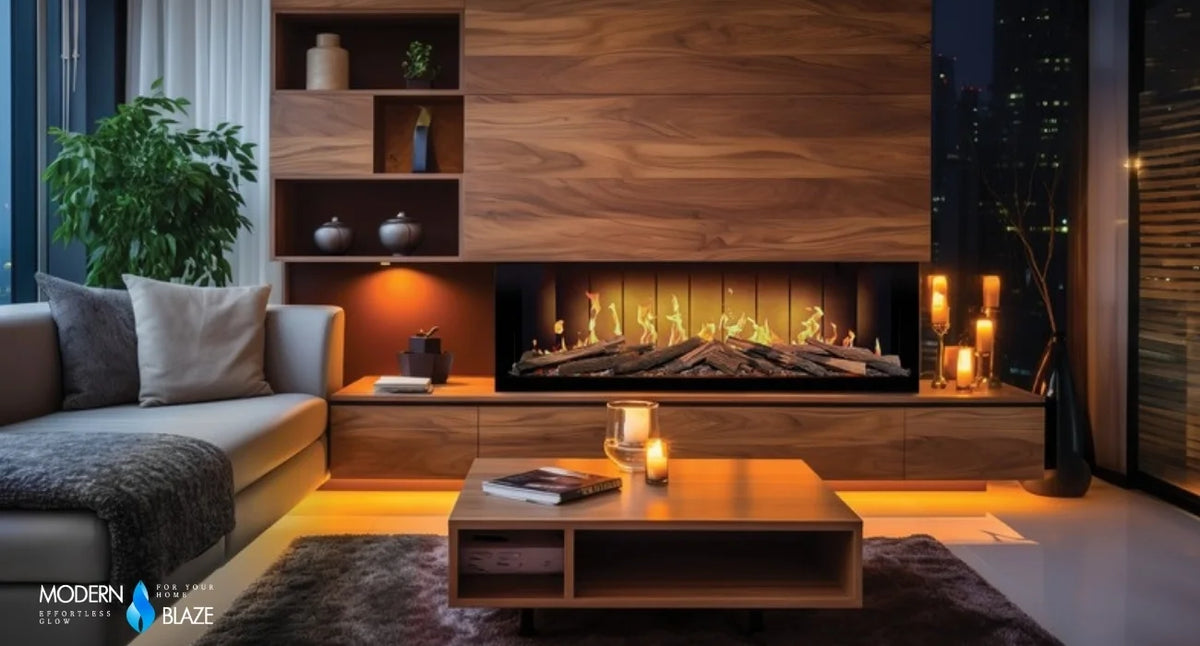 Solution Fires TrueFlame 3-sided electric fireplace built into a wood-paneled media wall in a living room at night