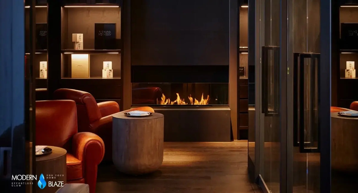 EcoSmart Fire ethanol burner built into a dark wood lounge wall