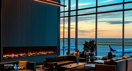 Linked SimpliFire Triton electric fireplaces along the wall of an airport lounge at sunset