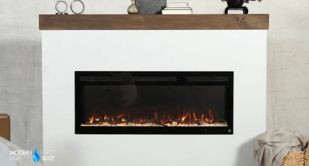 Touchstone Fury electric fireplace recessed into a white wall under a wood mantel
