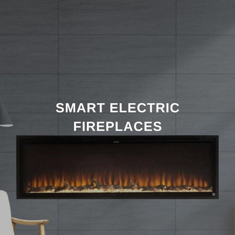 Smart electric fireplace with Wi-Fi app control installed in a midcentury modern living room