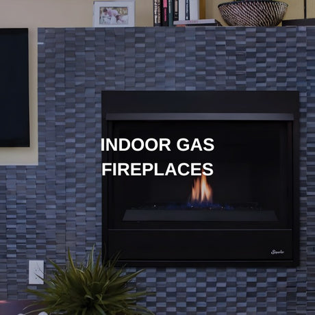 Direct vent gas fireplace set into a grey stacked tile wall in a modern living room