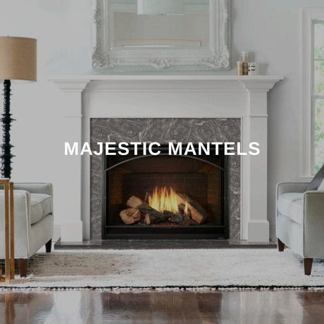 Majestic wood mantel surrounding a lit fireplace in a styled living room