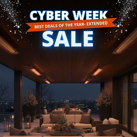 Cozy back patio, patio heaters lined up along the wood ceiling, banner text reads "Cyber Week Sale - Best Deals of the Year Extended"