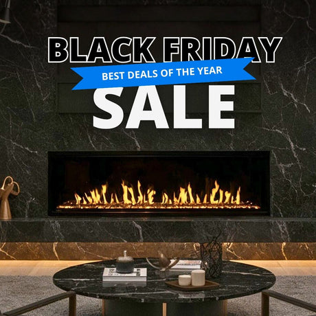 Marble wall with electric fireplace, Black Friday Sale banner text