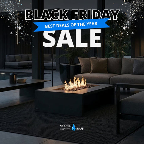 Black Friday Sale banner text, modern patio with rectangular fire pit in the middle