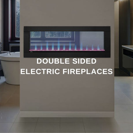 See through electric fireplace wall separating a modern bathroom and a bedroom.