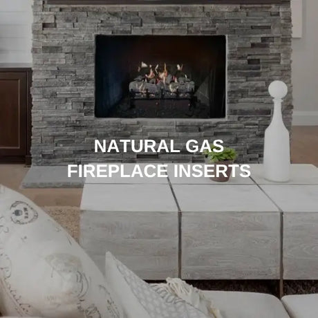 Grand Canyon vented natural gas log set burning in a stacked stone fireplace