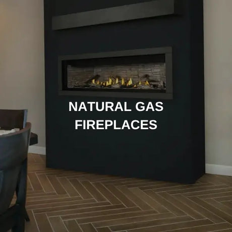 Napoleon Ascent Linear direct vent natural gas fireplace in a black dining room wall