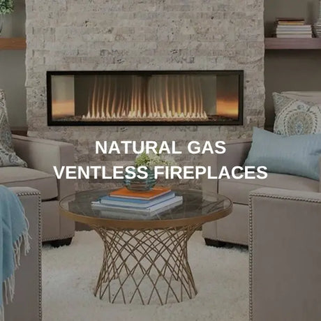 Empire Boulevard linear vent-free natural gas fireplace in a stacked stone wall