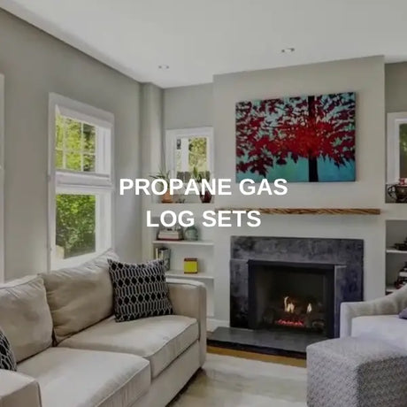 Propane gas log set burning in a fireplace in a gray living room with built-in shelves