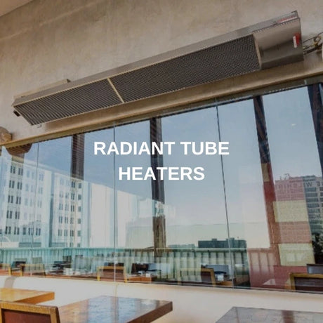 Calcana stainless steel radiant tube heater mounted along a covered patio ceiling above a glass wall with a city view