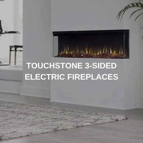 Touchstone three-sided electric fireplace in a white chase showing the flame from the front and the end