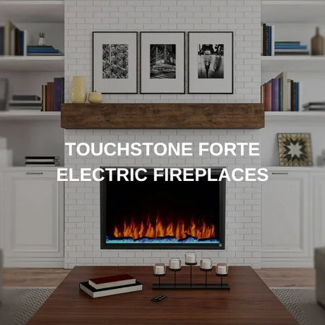 Touchstone Forte electric fireplace recessed in a white brick wall beneath a wood mantel