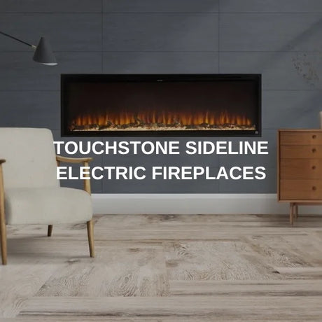 Touchstone Sideline electric fireplace recessed into a dark tiled wall with the flame lit