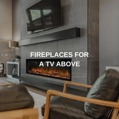 Linear electric fireplace with a television mounted above it, separated by a floating mantel that acts as a heat shield