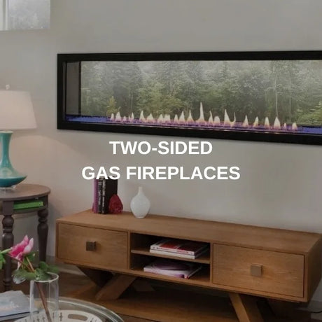 Two-sided gas fireplace built into a living room wall with flames visible through both faces