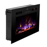 Touchstone Sideline 28-Inch recessed electric fireplace, angled view on white