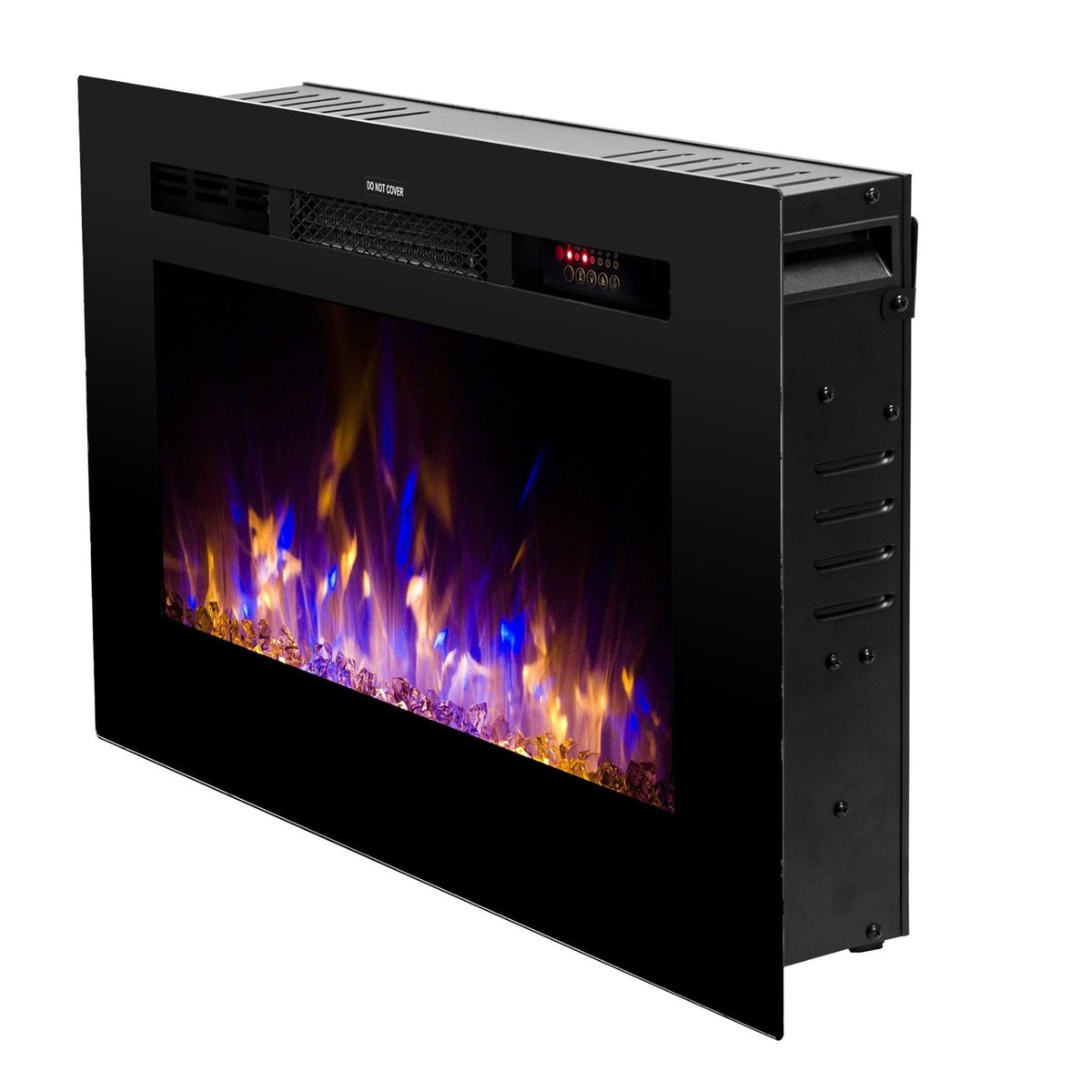 Touchstone Sideline 28-Inch recessed electric fireplace, angled view showing the side of the firebox