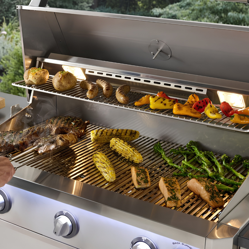 American Outdoor Grill L-Series Built-In Gas Grill with Various Food being Grilled