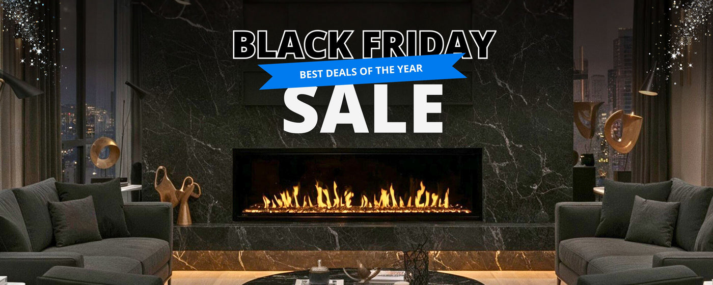 Modern living room with linear fireplace, banner text reads: Black Friday Sale "Best Deals Of The Year" 