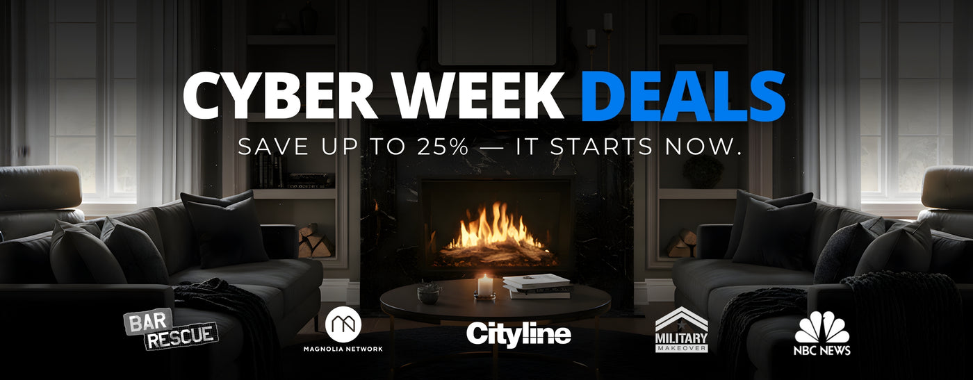 Modern living room, black marble fireplace surround, banner text reads "Cyber Week Deals - Save up to 25%"