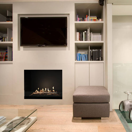 EcoSmart Fire Heritage 56SS in Living Room with Book Shelves
