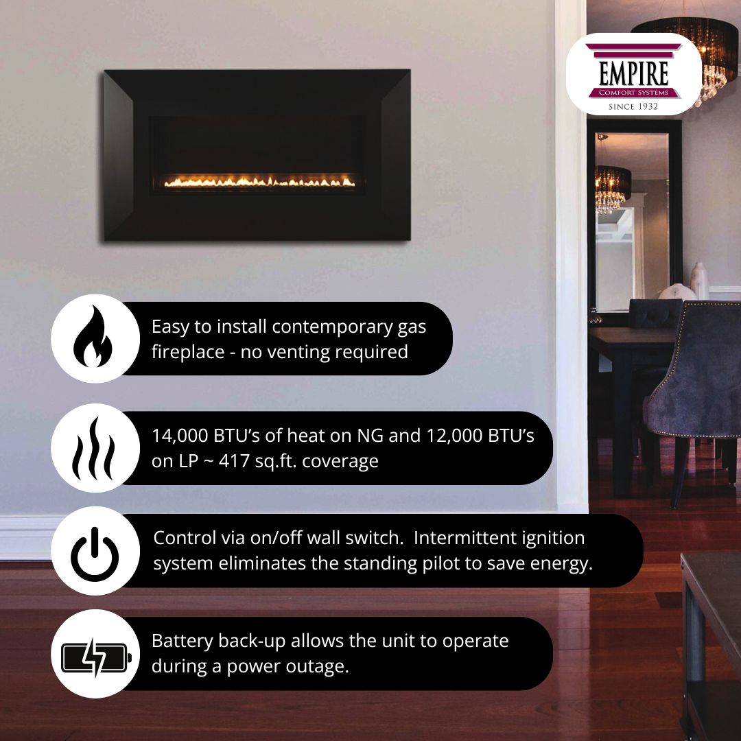 Empire Boulevard SL: 30-Inch Wall Mounted/Recessed Ventless Gas Fireplace Features