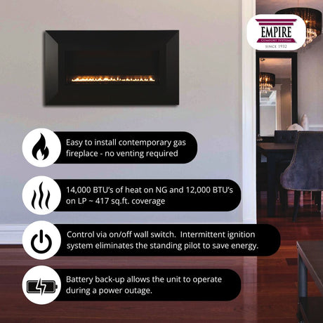 Empire Boulevard SL: 30-Inch Wall Mounted/Recessed Ventless Gas Fireplace Features