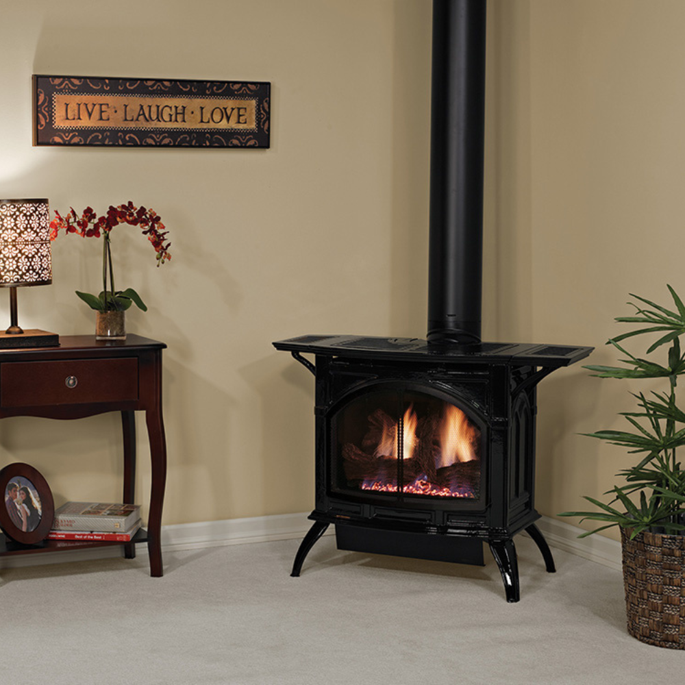 Empire Spirit Medium Direct Vent Cast Iron Stove in Porcelain Black Finish Corner Installation