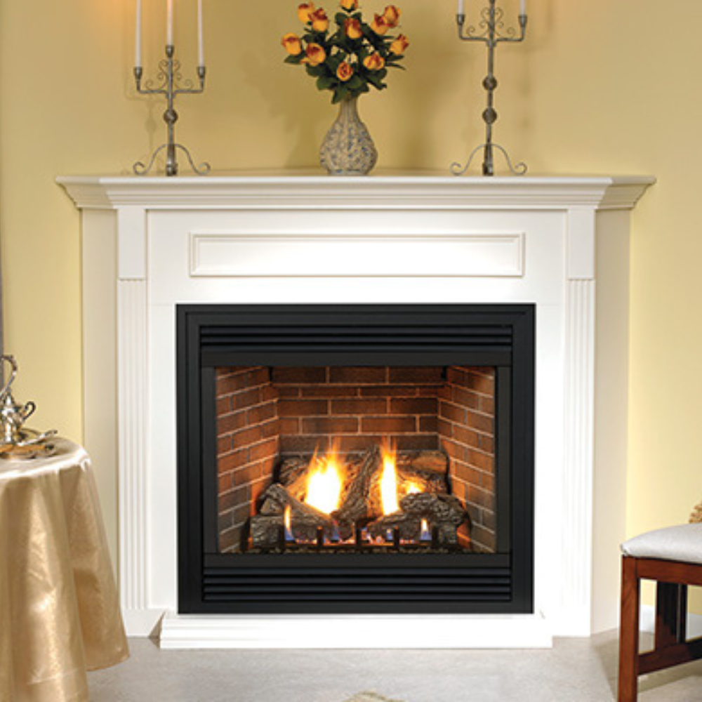 Empire Tahoe Premium Traditional Direct Vent Gas Fireplace with White Mantel in Living Room