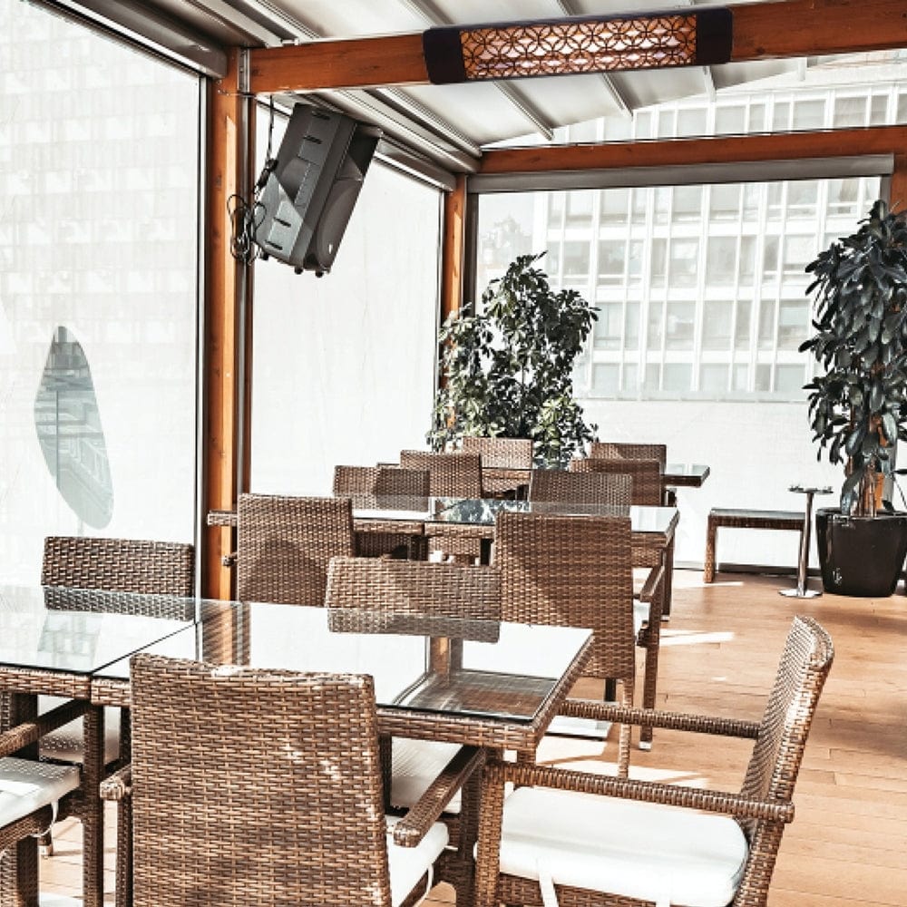 Eurofase 1500W 39-inch Infrared Electric Heater mounted on a beam at a restaurant