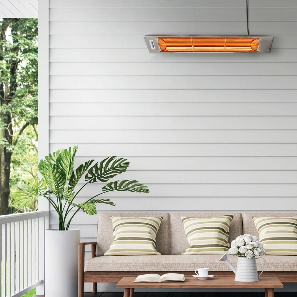 Eurofase 1500W 39-inch Infrared Electric Heater mounted on a white shiplap styled wall - side view