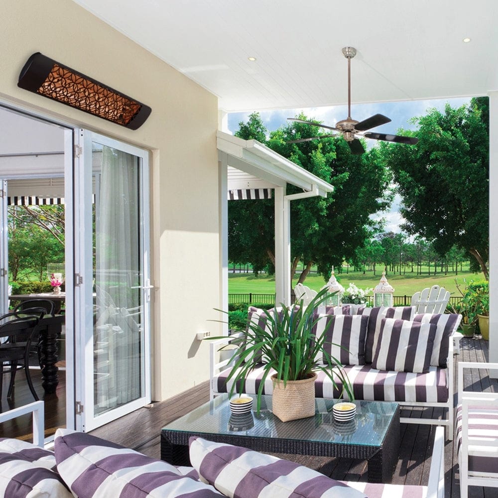 Eurofase 39-Inch Dual Element Infrared Electric Heater with clover decor plate on patio - side view