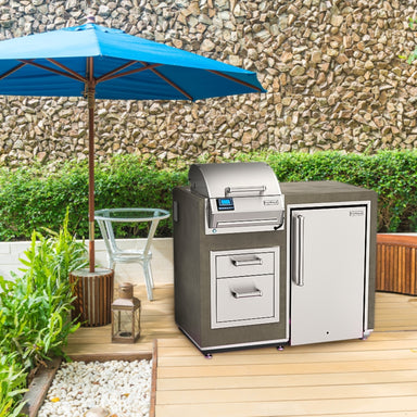 Fire Magic E250i Electric Grill Island Bundle with Refrigerator on a wood deck