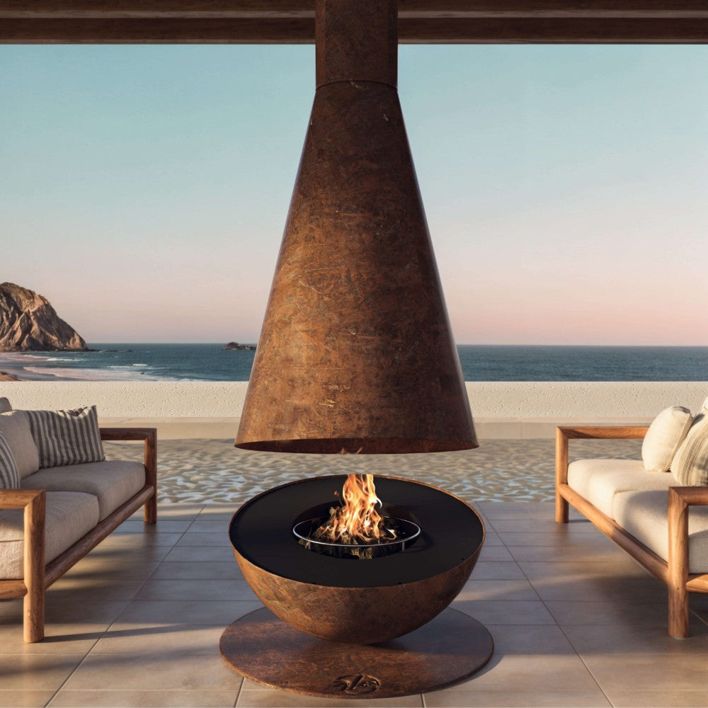 GlammFire Thales Firewood Wood Burning Fire Pit at Patio Near Beach