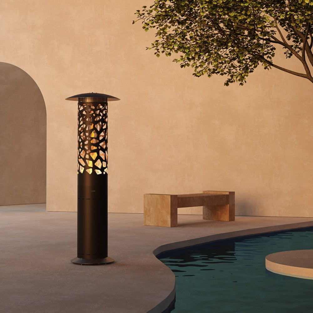 GlammFire Tile Hyperion Free Standing Gas Patio Heater Near Outdoor Pool