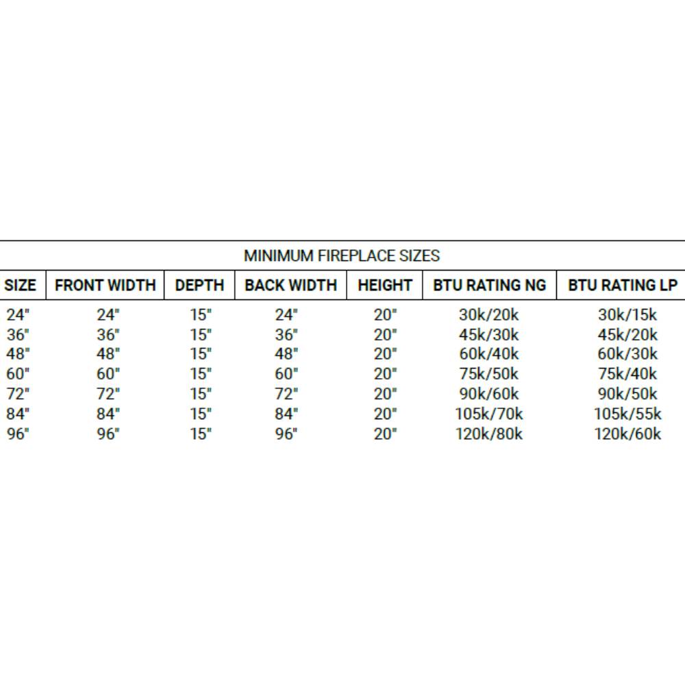 Grand Canyon Bedrock II Fireplace Sizes