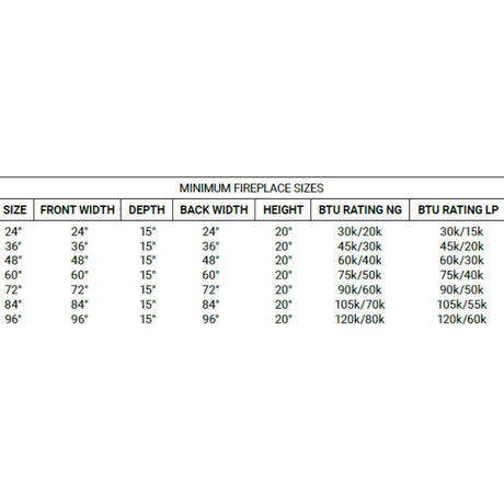 Grand Canyon Bedrock II Fireplace Sizes