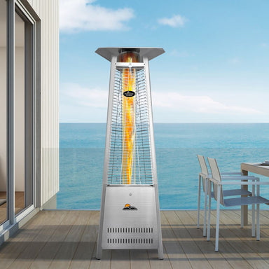 Paragon Outdoor Inferno Flame Tower Patio Heater on a wood deck overlooking the sea