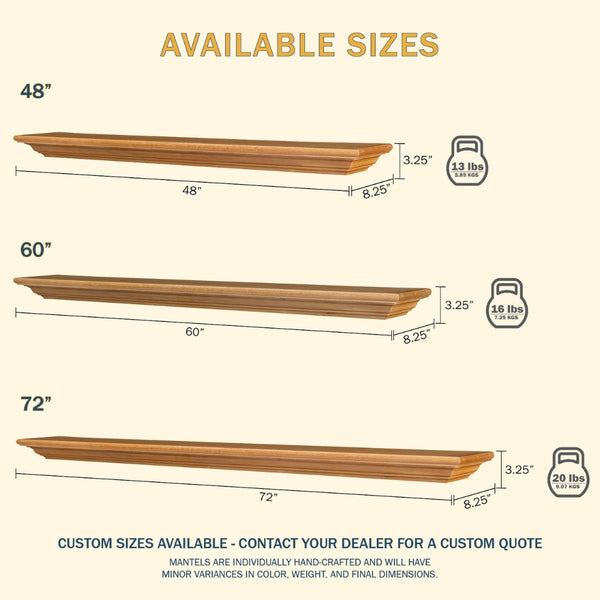 LHX Cumberland Honey Oak Wood Mantel Sizes