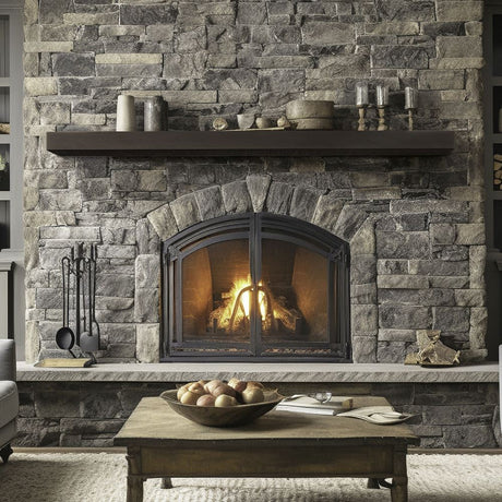 flat sawn beam roasted chestnut mantel on a gray stone wall