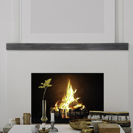 flat sawn weathered grey mantel on a white minimalist wall